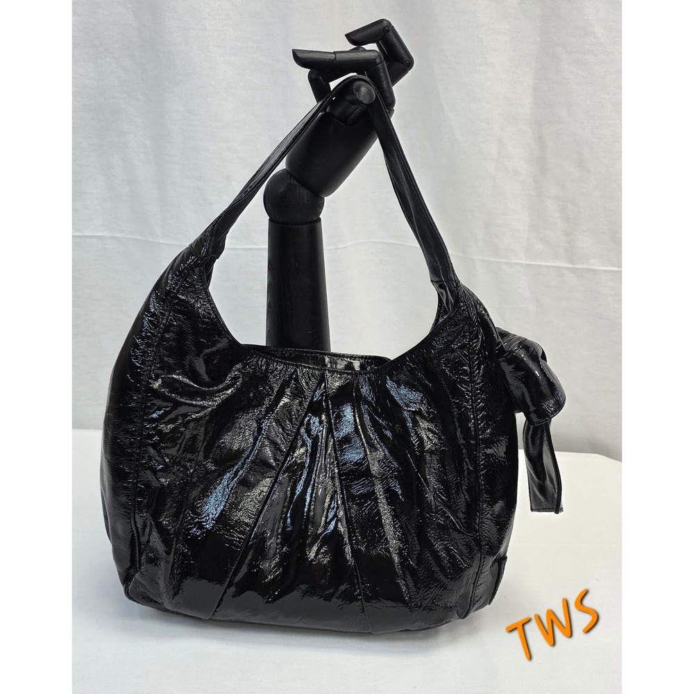 Bravo Black Patent Leather Hobo Bag Side Bow Turquoise Lining Gold Hardware